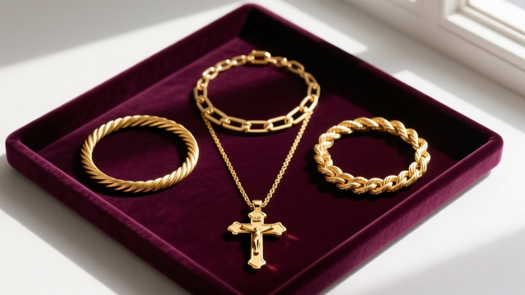 Overhead view of three gold chain styles: cable, box, and rope, laid on a velvet tray next to a small 14k crucifix pendant.