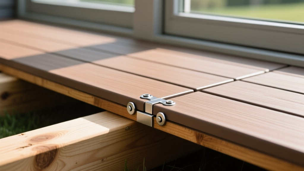 Close-up of weather-resistant wood-plastic composite decking boards being secured with hidden stainless steel fasteners over pressure-treated joists