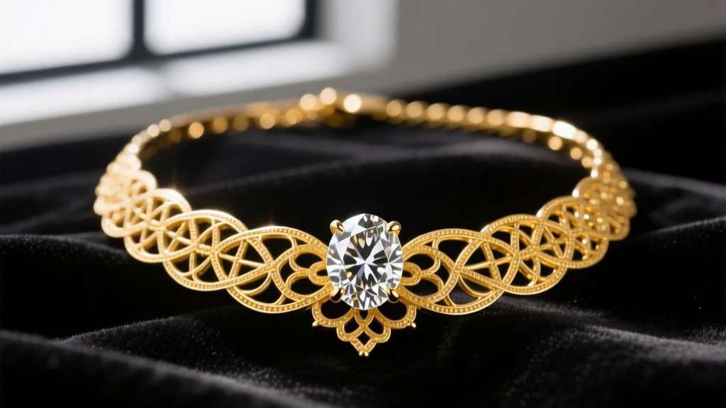 Macro shot of an 18k yellow gold bespoke necklace with intricate filigree and a brilliant oval diamond resting on dark velvet.