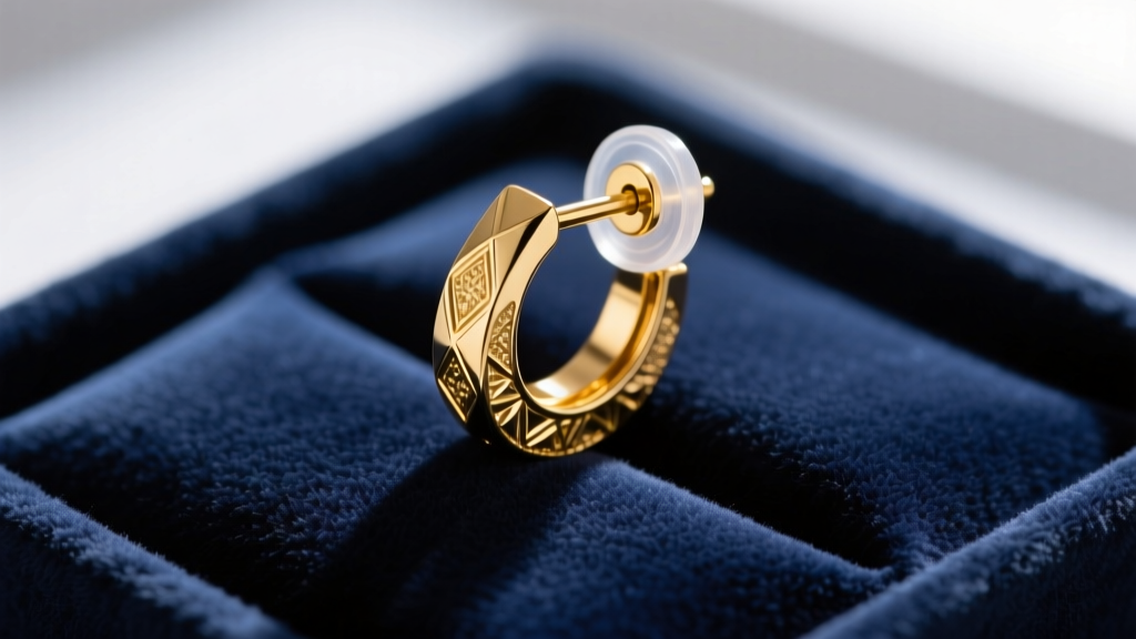 Macro shot of a gold leverback earring secured with a clear silicone support disc, resting on a rich velvet jewelry display pad.