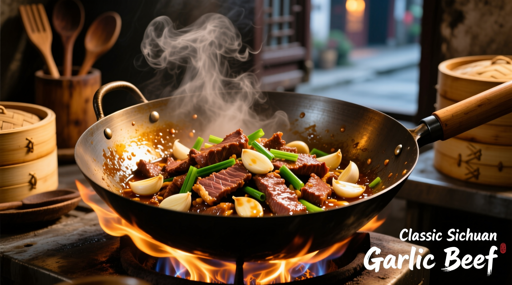 Authentic Chinese beef with garlic sauce in wok