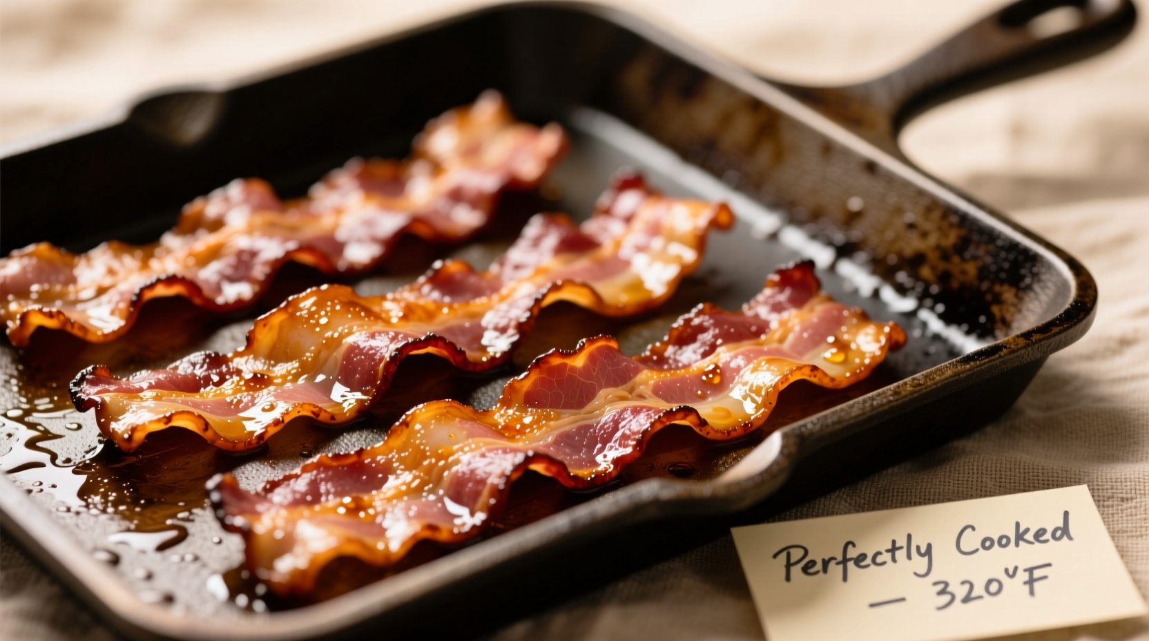 Bacon strips perfectly cooked on baking sheet