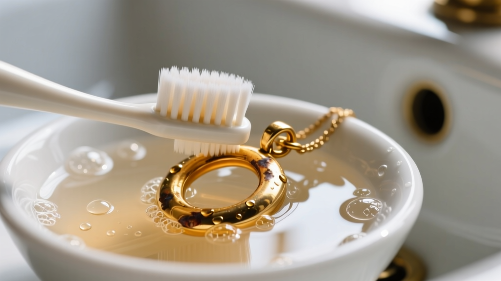 Close-up of a soft toothbrush scrubbing the interior loop of a tarnished 18k gold pendant bail in a bowl of soapy warm water