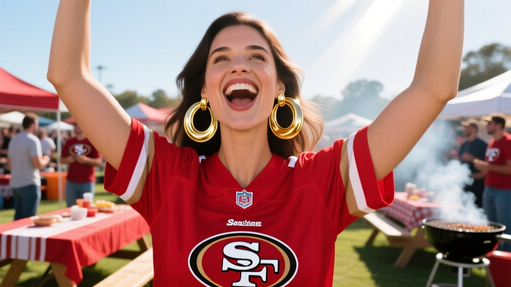 Female fan in scarlet red jersey wearing large metallic gold 49ers logo hoop earrings while cheering in a bright tailgate setting