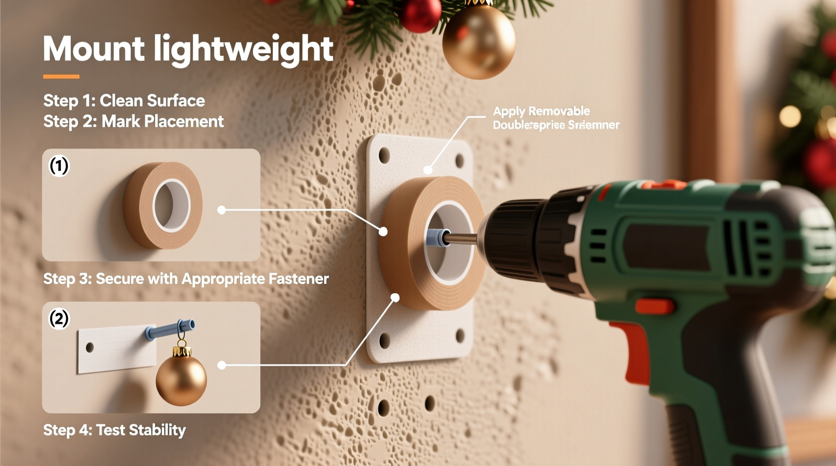 how to mount lightweight christmas decorations on stucco walls
