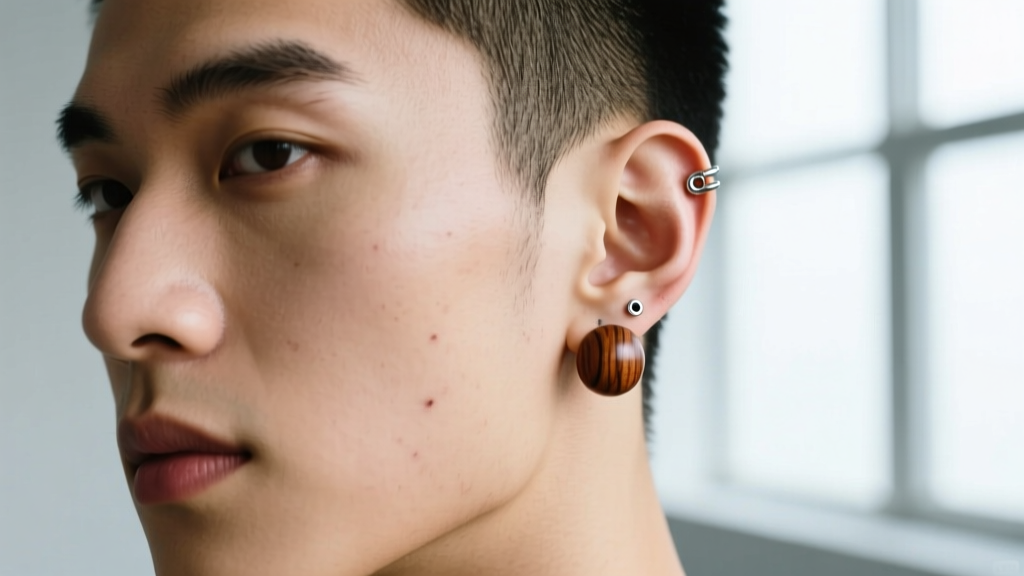 Close-up of a guy with earrings showing a healed 14-gauge cartilage piercing and a 00-gauge wooden plug in the lower ear lobe.