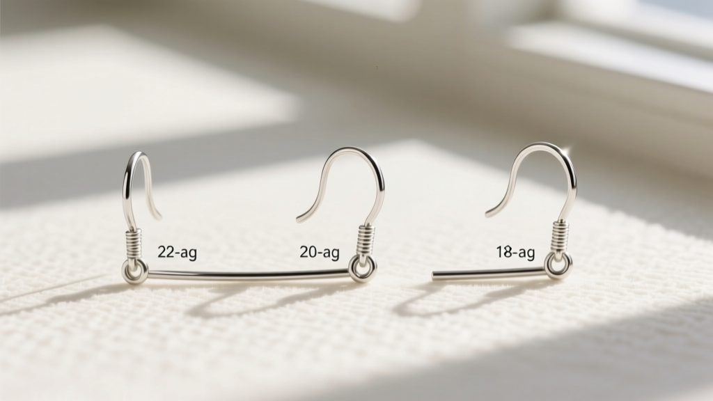 Side-by-side comparison of 22-gauge, 20-gauge, and 18-gauge sterling silver French hook earring wires showing thickness differences