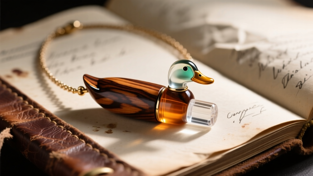 Close-up of a polished cocobolo wood and cast acrylic mini duck call necklace resting on a weathered leather hunting journal