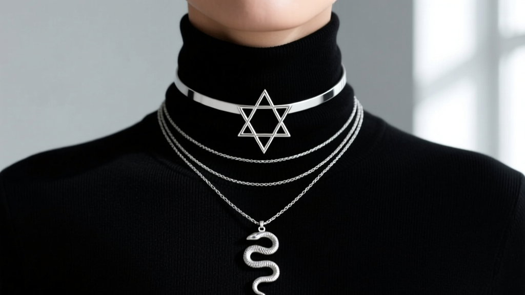 A layered necklace stack with a small inverted pentagram choker and a longer ouroboros pendant over a dark turtleneck sweater.