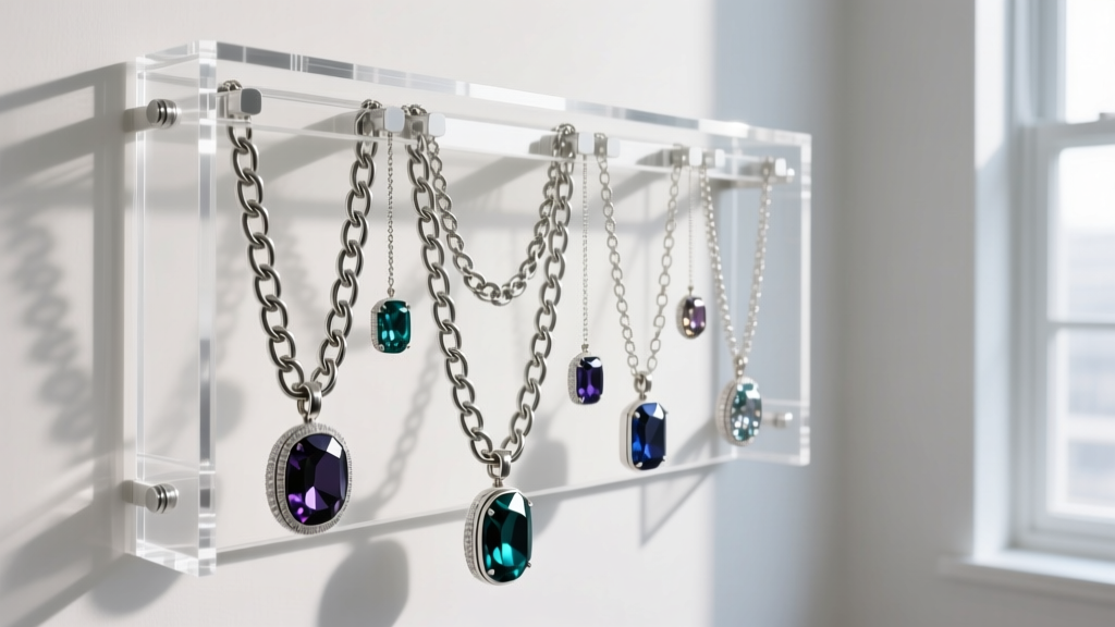 Wide view of a heavy-duty DIY acrylic necklace rack on a white wall, supporting chunky silver chains and heavy gemstone lockets.
