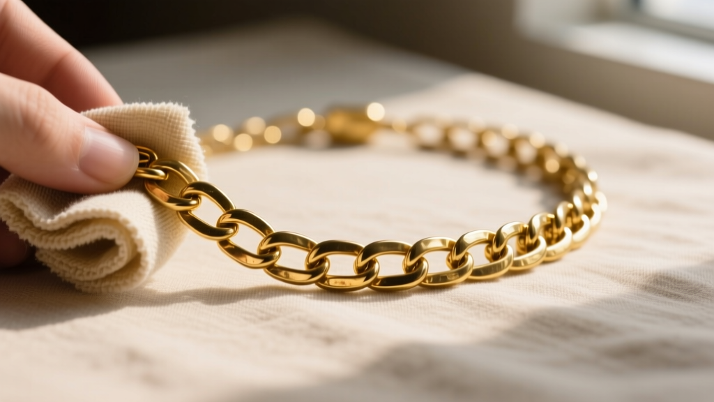 Tarnished gold-plated brass necklace chain polished with a soft microfiber cloth, revealing the bright gold finish underneath.