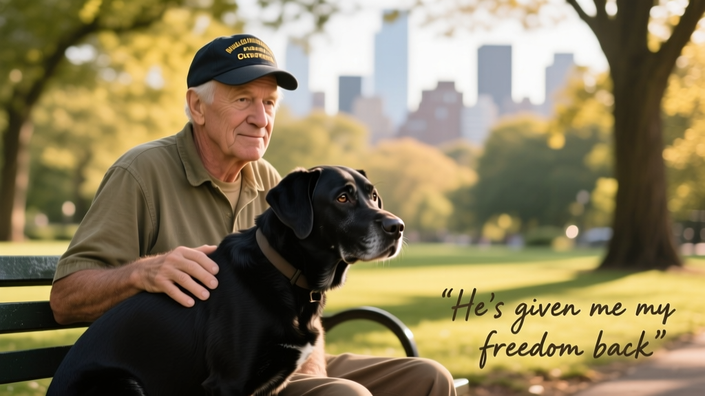 Paul Coppola sitting beside Dobby, a black Labrador mix, at a quiet park bench