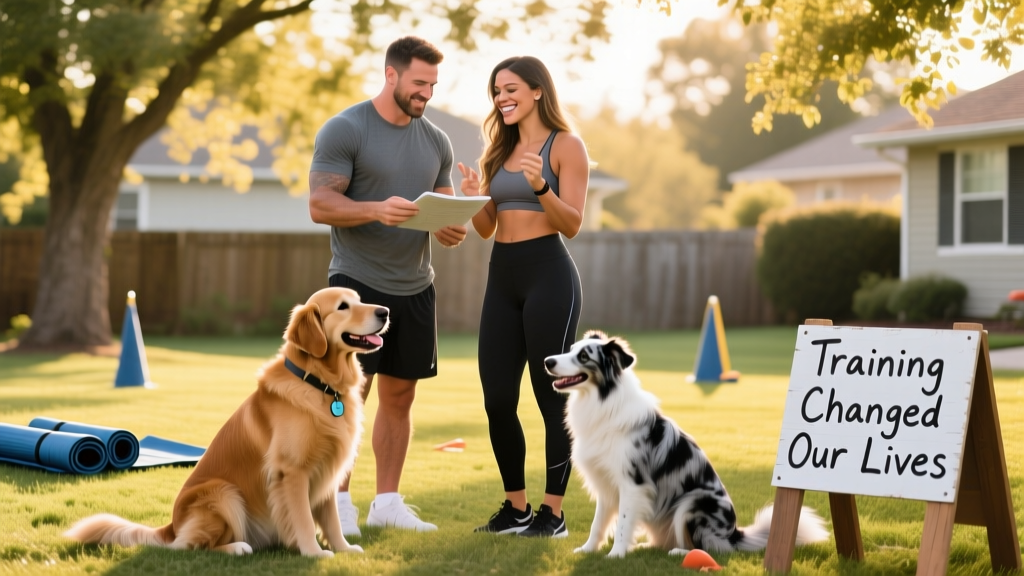Tom Davis and Brittany Mahomes reviewing training techniques outdoors, with Steel and Silver nearby