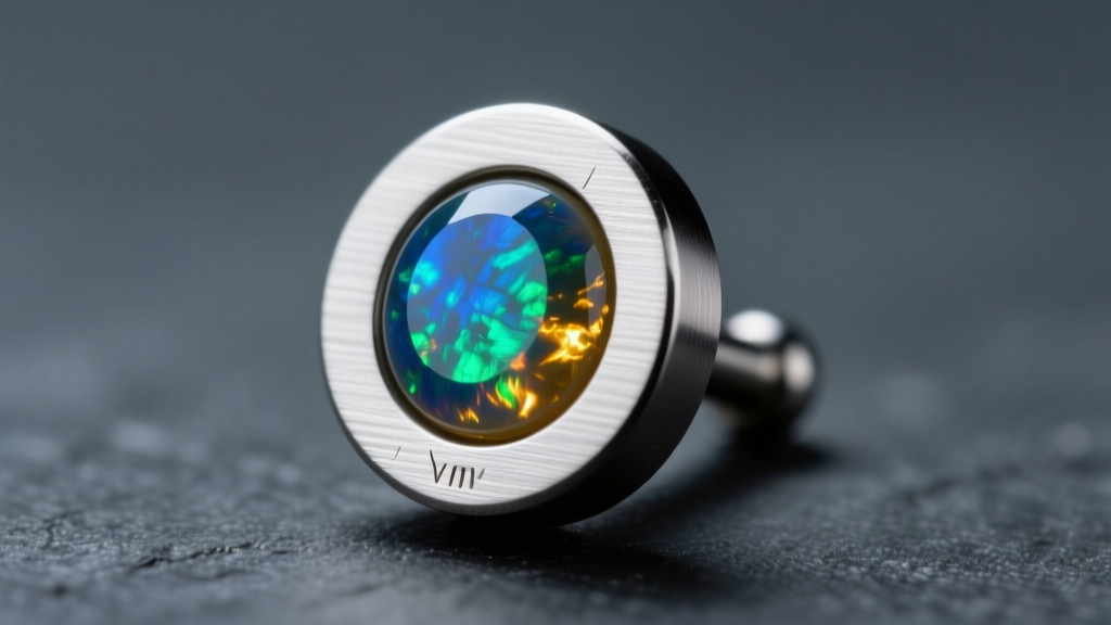 Macro photo of an ASTM F136 implant-grade titanium flat-back labret stud with a 3mm opal resting on a dark slate surface.