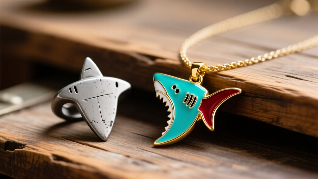 A dull zinc alloy replica next to a vibrant enamel-finished official Terraria shark tooth necklace on a rustic wooden desk.