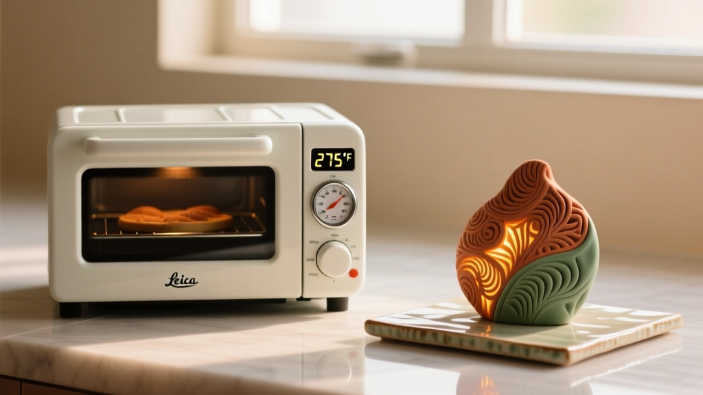 Oven thermometer showing 275F in a toaster oven next to a ceramic tile with polymer clay baking in soft, warm background light.