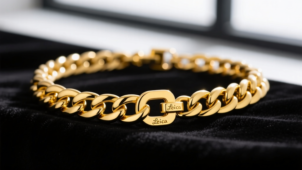 Macro shot of a gold-plated brass chain necklace on dark velvet, highlighting the bright yellow finish and clasp.