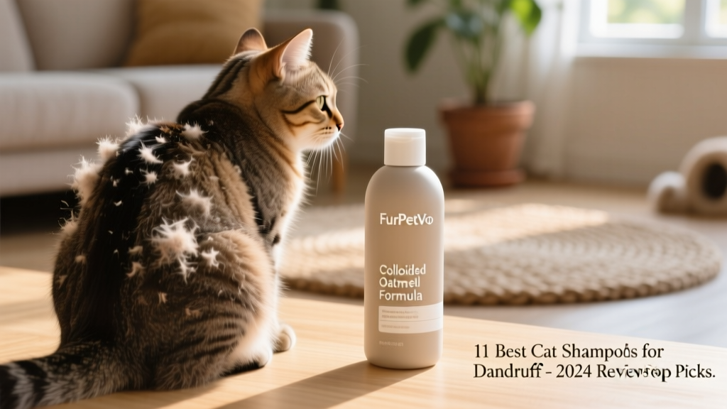 Close-up of a cat’s back showing flaky dandruff on fur, next to a bottle of FurPetVo colloidal oatmeal shampoo