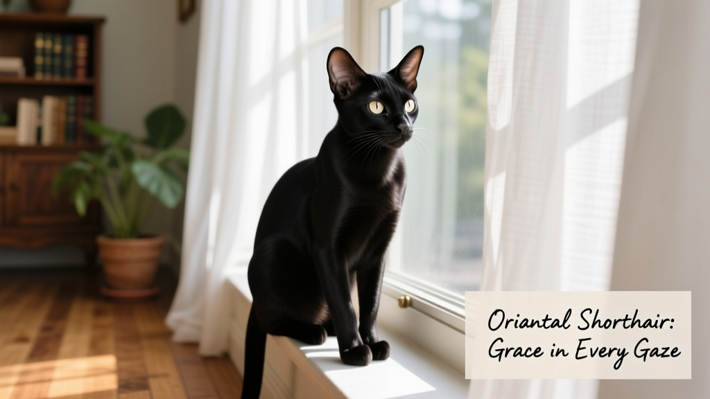 black oriental shorthair cat sitting in window sill