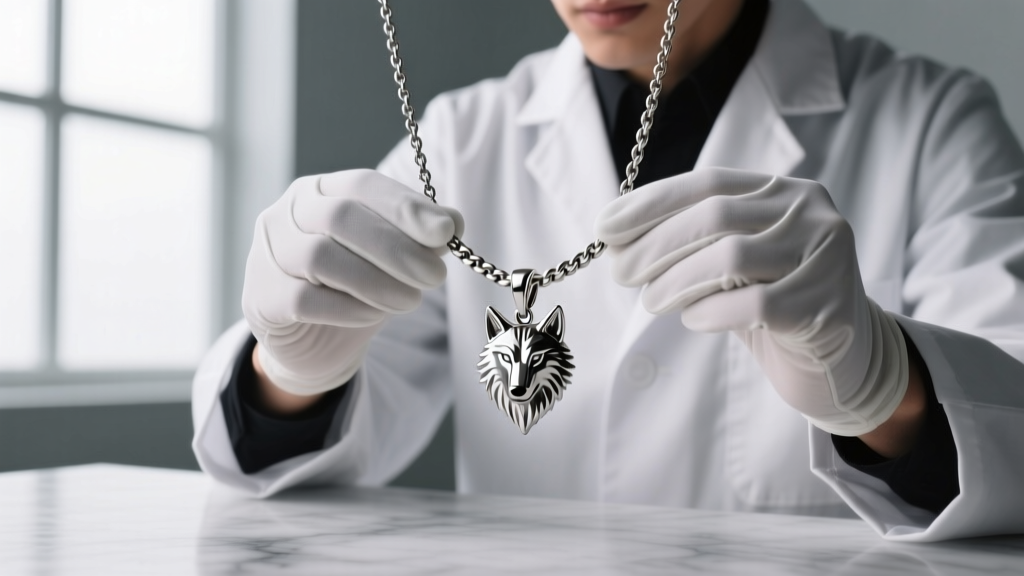 Jeweler inspecting the hidden bail of a titanium wolf pendant attached to a 3mm steel wheat chain with a secure lobster clasp.