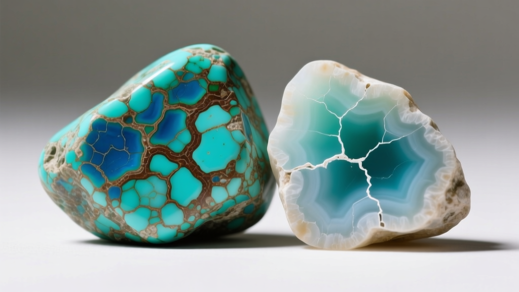 Macro shot comparing natural Royston turquoise matrix lines to dyed howlite, revealing artificial color pooling in surface cracks.