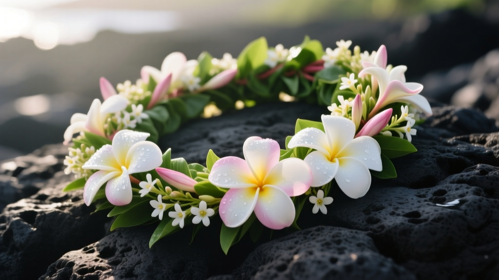 Close-up of a traditional Hawaiian fresh plumeria and pikake flower lei resting on dark volcanic rock, soft natural sunlight
