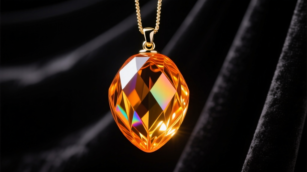 Marigold carnival glass pendant on dark velvet, showing bright orange and gold iridescent reflections under soft studio lighting.