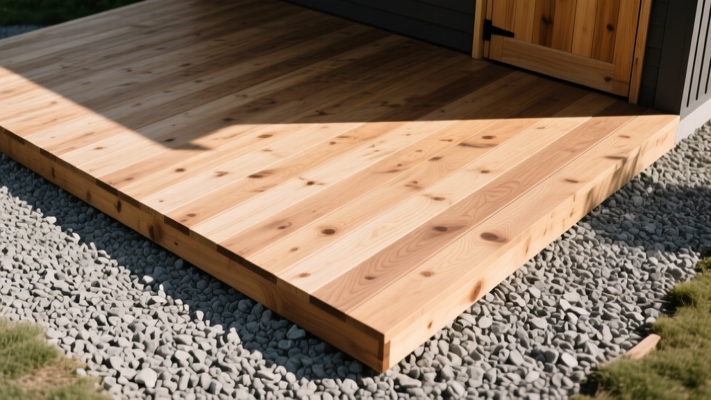 Overhead view of a framed wooden shed floor resting on a leveled crushed gravel pad bordered by pressure-treated timber.