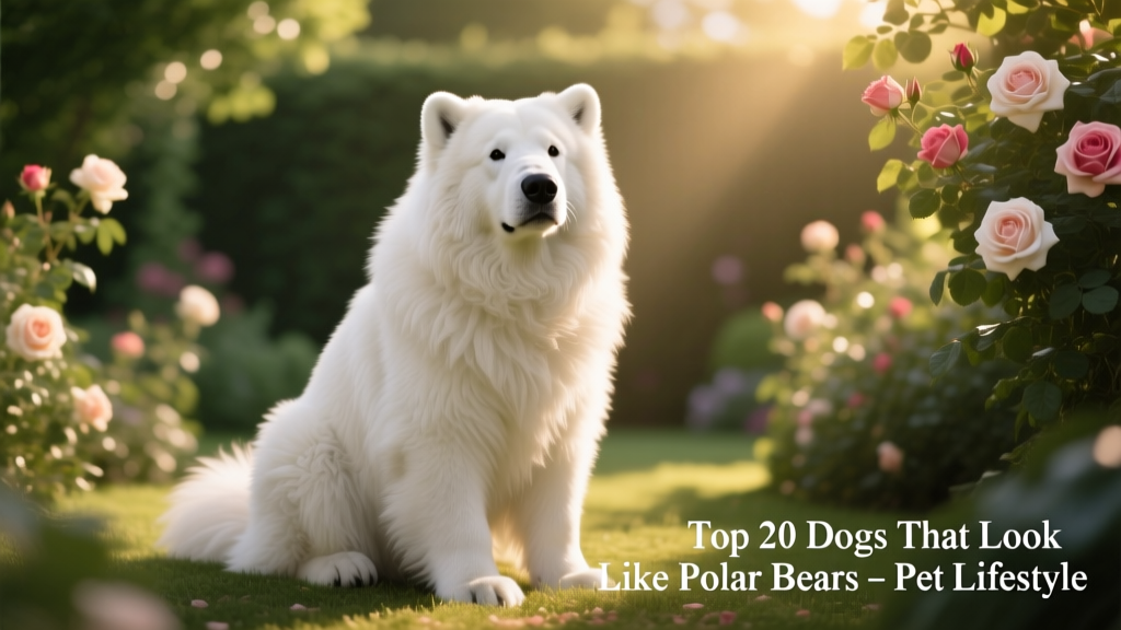 A fluffy white dog sitting peacefully in a sunlit garden, evoking the serene presence of a polar bear