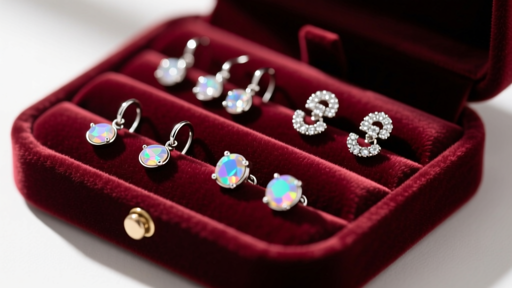 Close-up of plush anti-tarnish velvet earring jewelry holder with individual slots storing delicate silver threaders and opal studs