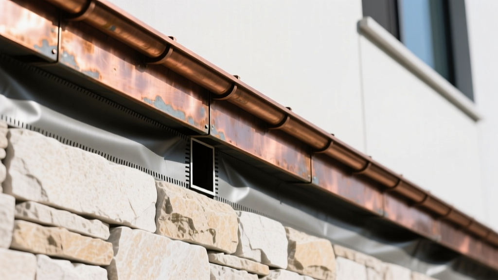 Limestone veneer installation below copper flashing drip edge, featuring a 2-inch weep gap and bituminous membrane on an exterior wall.