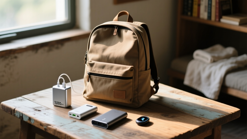 Canvas backpack surrounded by a compact GaN charger, 10000mAh power bank, and Bluetooth tracker on a wooden hostel table