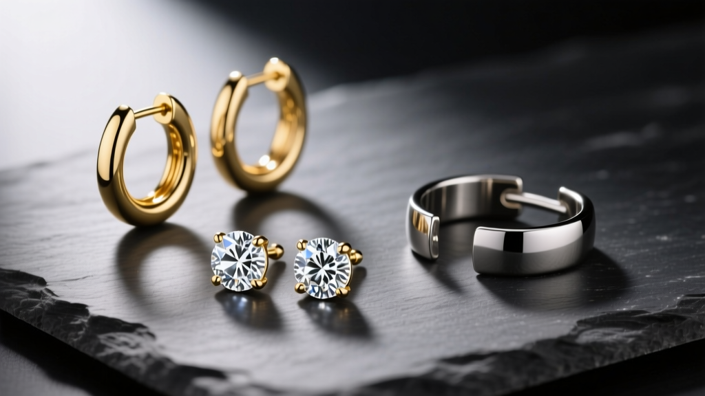 Close-up flat lay of 14k gold huggies, lab-grown diamond studs, and titanium ear cuffs on dark slate with soft directional light