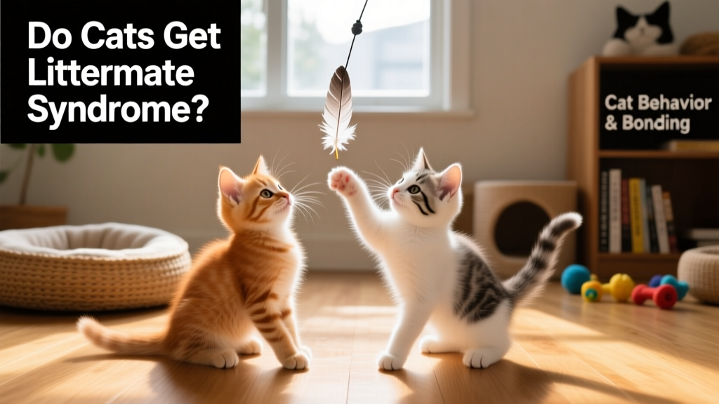 Two kittens playing side-by-side with a feather toy under natural light