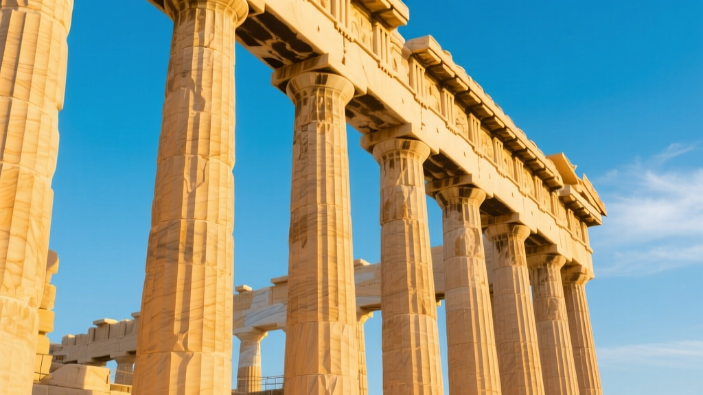 Sunlight illuminating the fluted Pentelic marble columns of the Parthenon against a clear blue sky, highlighting the stone golden patina
