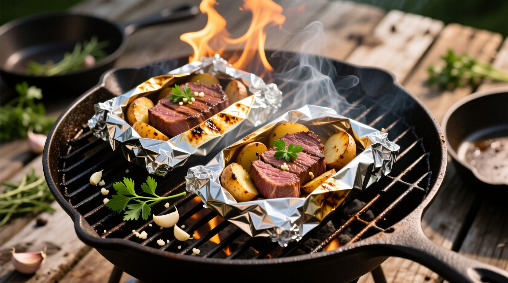 Garlic steak and potato foil packets on grill