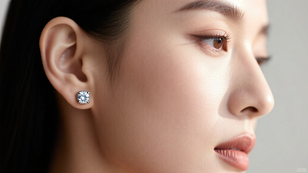 Close-up profile of a woman wearing guardian back diamond studs, showing the flat metal disc resting flush against her earlobe.