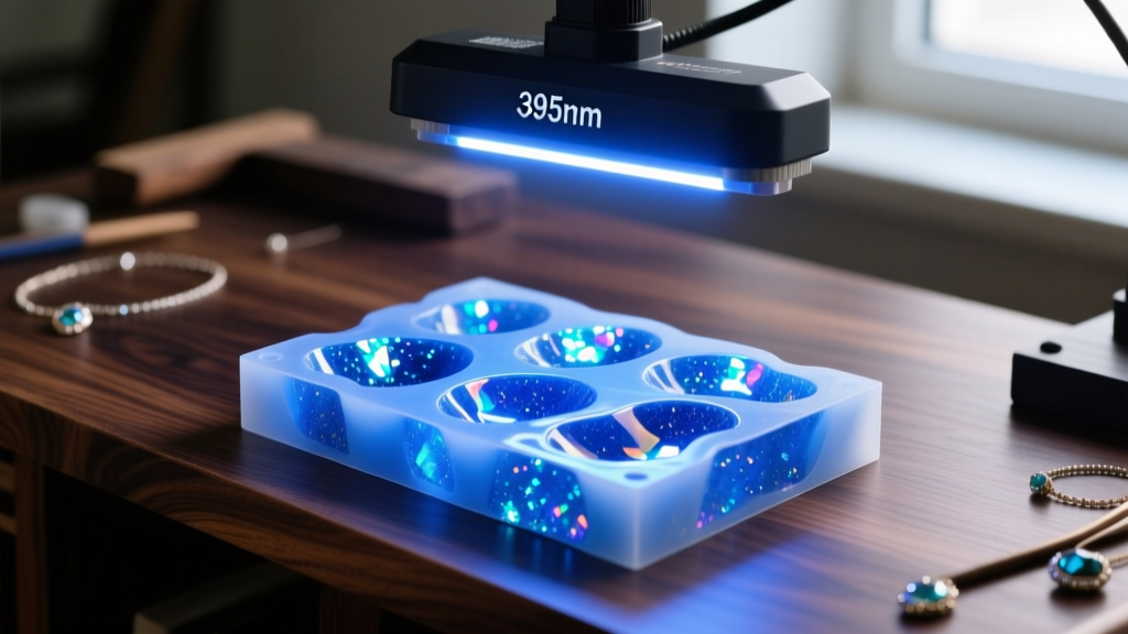 A 395nm UV LED curing lamp illuminating a silicone mold filled with sparkling blue mica resin on a dark wooden jewelry workbench