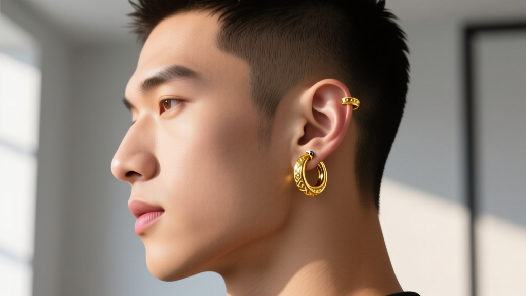 Side profile of a man with a fade haircut showing a seamless 14k yellow gold 14-gauge continuous hoop in upper cartilage.