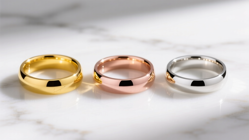 Three 18k gold bands in yellow, rose, and white, laid parallel on white marble under soft, directional natural sunlight.