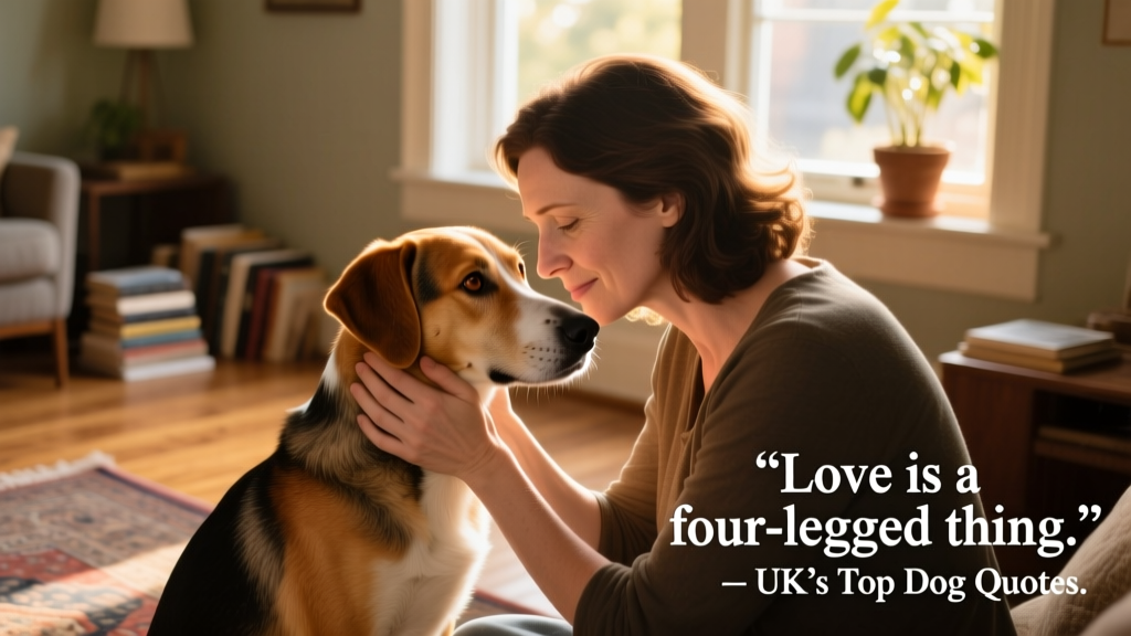 A woman gently holding her dog’s face close, both looking into each other’s eyes with deep affection