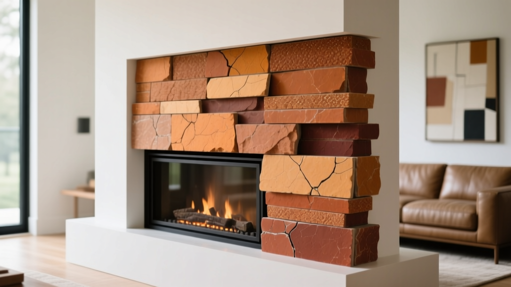 Close-up of cultured stacked stone veneer panels in warm earth tones being installed on a modern fireplace surround in a bright living room