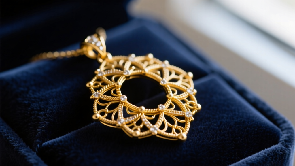 Close-up of vintage 14k yellow gold filigree pendant on dark velvet, revealing intricate soldered wirework and delicate granulation