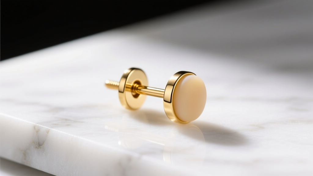 Macro view of 20-gauge gold earring post with silicone back on white marble, sharp focus under bright studio lighting setup