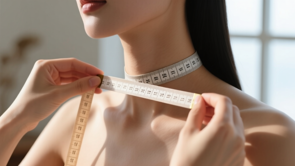 Hands using a soft fabric measuring tape around a bare neck to find the exact 15-inch length for a custom hugging necklace fit