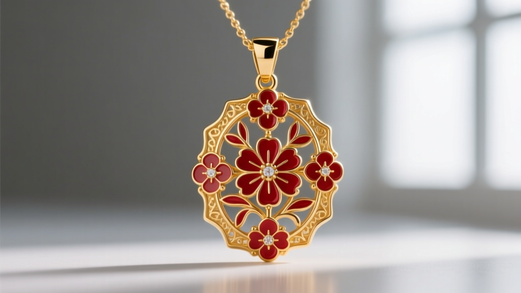Detailed view of a gold-plated Alabama necklace pendant featuring crimson red enamel inlays, showing intricate borders.