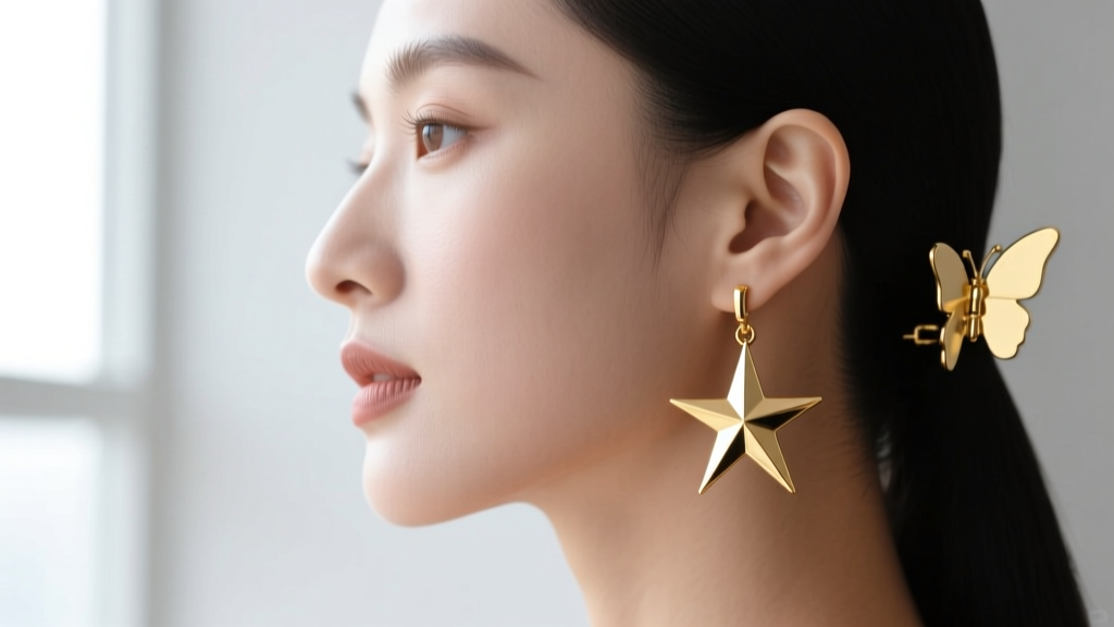 Side profile of a woman wearing gold vermeil shooting star drop earrings, highlighting post thickness and a secure butterfly clasp