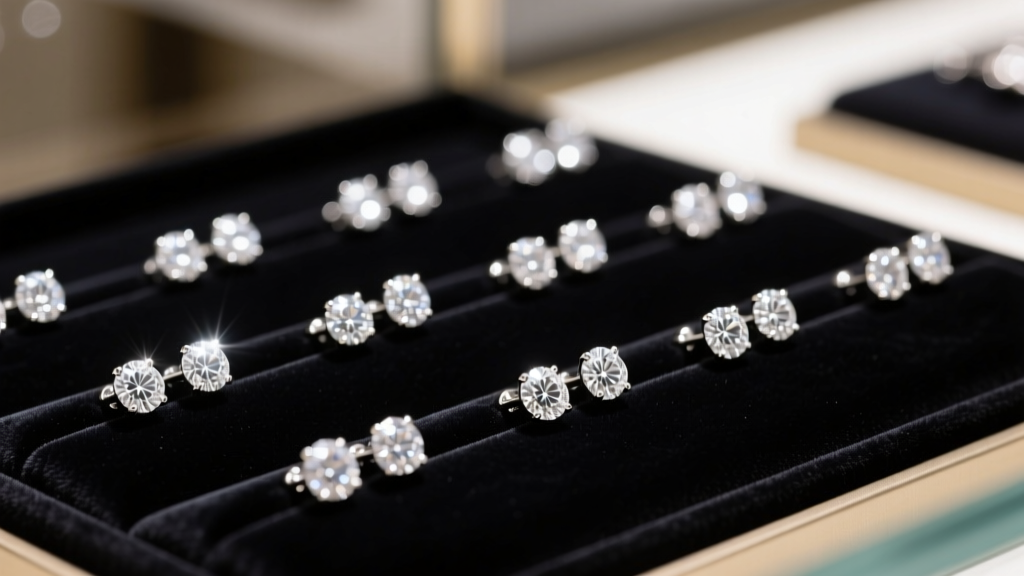 Close-up of a jewelry store display showing various diamond stud earrings resting on black velvet under bright, focused spotlights