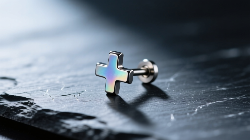 Macro photography of a 20-gauge implant-grade titanium small cross stud with a flat back, resting on dark slate, highly detailed
