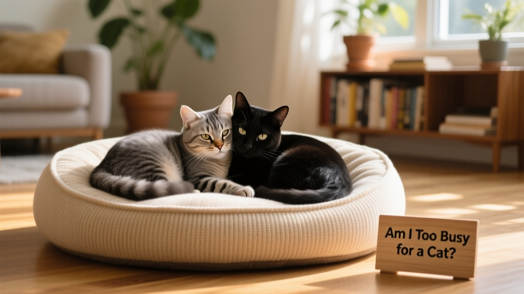 Two cats curled up together sleeping on a cozy cat bed